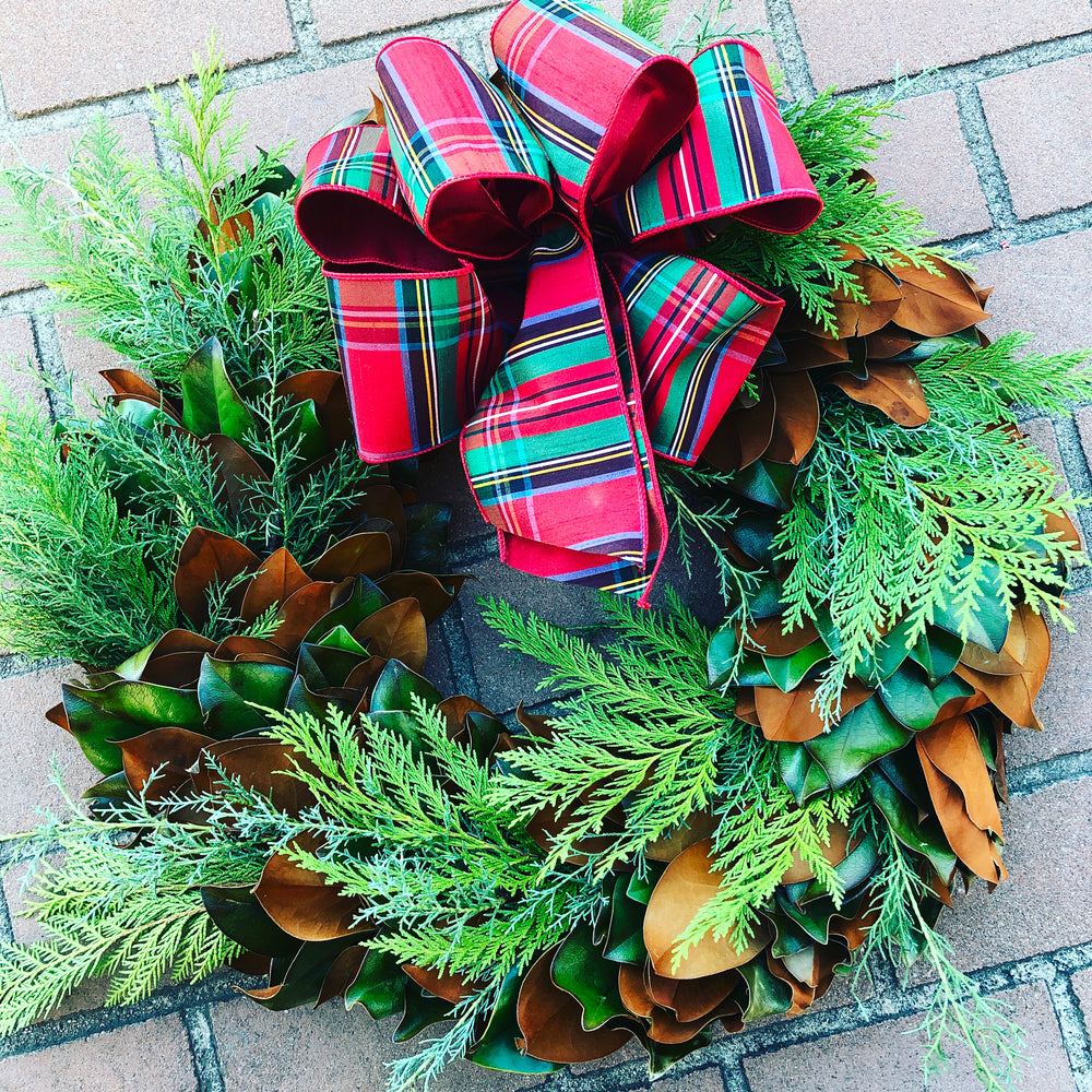 * Seasonal Wreath * - Decorated Magnolia with Evergreens